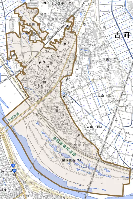 中田とその周辺の地図。町の範囲を重ねている