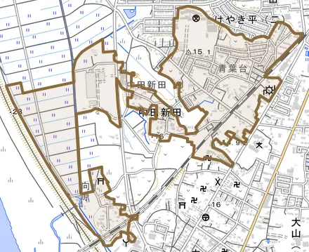 中田新田とその周辺の地図。町の範囲を重ねている