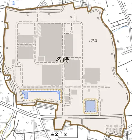 名崎とその周辺の地図。町の範囲を重ねている