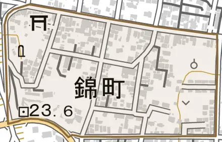 錦町とその周辺の地図。町の範囲を重ねている