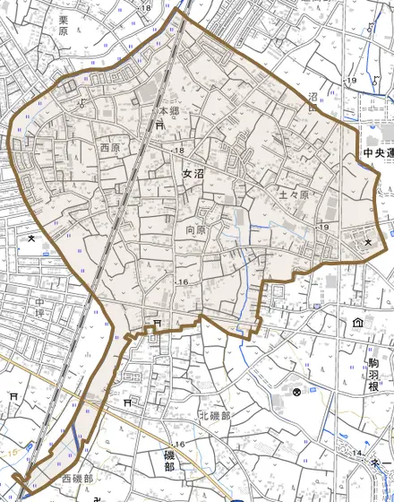 女沼とその周辺の地図。町の範囲を重ねている