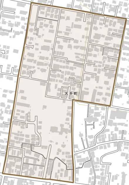 大手町とその周辺の地図。町の範囲を重ねている