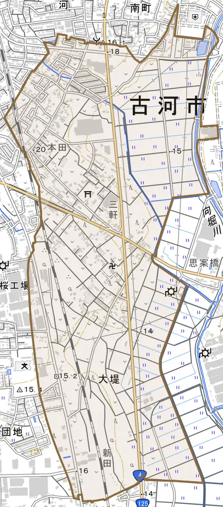 大堤とその周辺の地図。町の範囲を重ねている