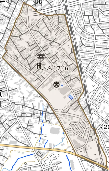幸町とその周辺の地図。町の範囲を重ねている