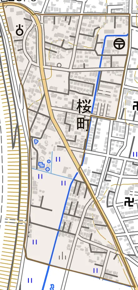 桜町とその周辺の地図。町の範囲を重ねている