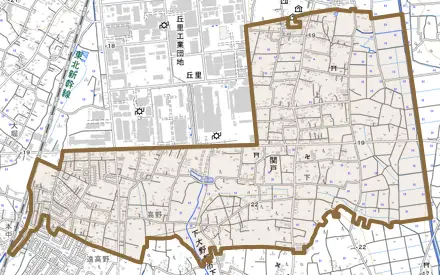 関戸とその周辺の地図。町の範囲を重ねている