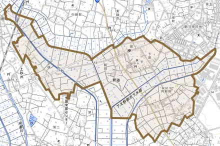 釈迦とその周辺の地図。町の範囲を重ねている