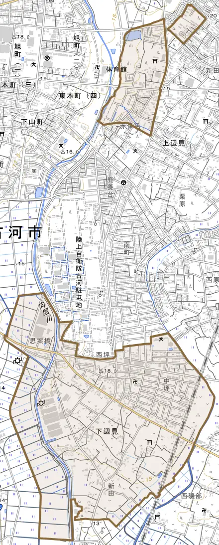 下辺見とその周辺の地図。町の範囲を重ねている