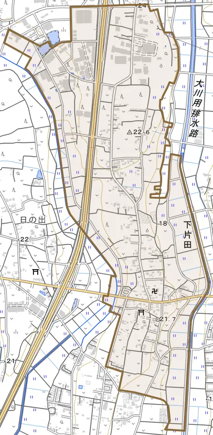 下片田とその周辺の地図。町の範囲を重ねている