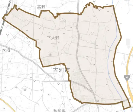 下大野とその周辺の地図。町の範囲を重ねている