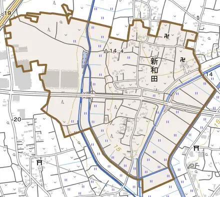 新和田とその周辺の地図。町の範囲を重ねている