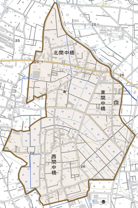 間中橋とその周辺の地図。町の範囲を重ねている