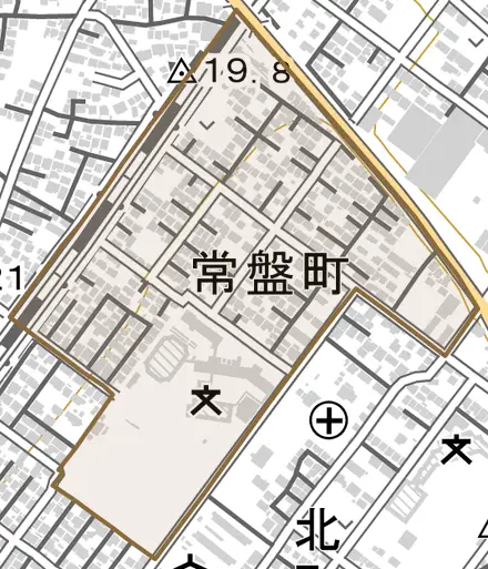 常盤町とその周辺の地図。町の範囲を重ねている