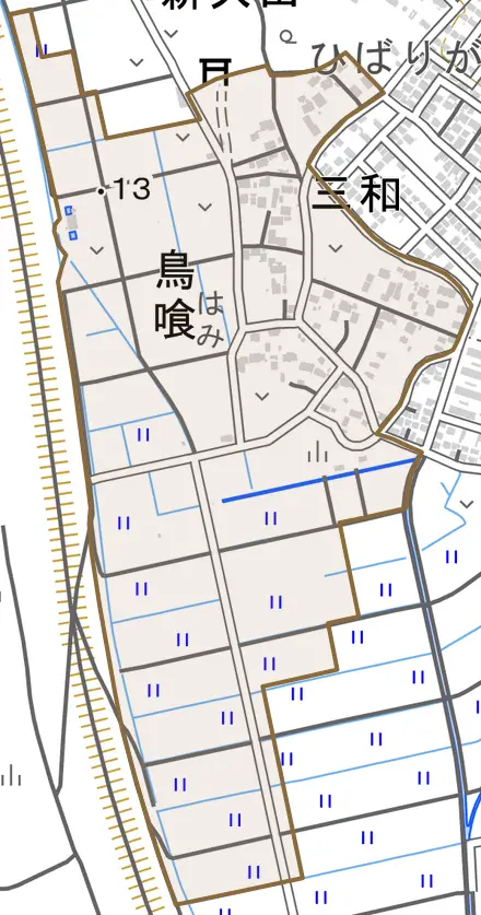 鳥喰とその周辺の地図。町の範囲を重ねている