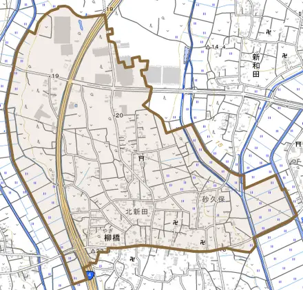 柳橋とその周辺の地図。町の範囲を重ねている