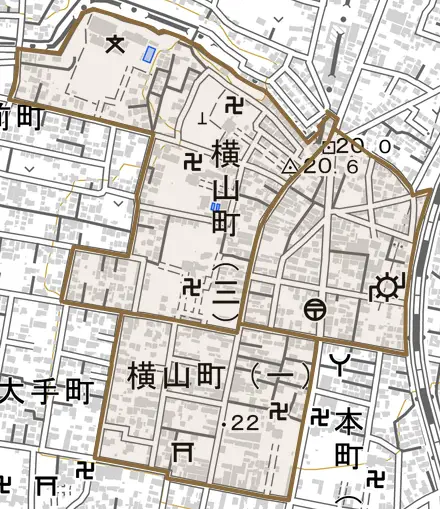 横山町とその周辺の地図。町の範囲を重ねている