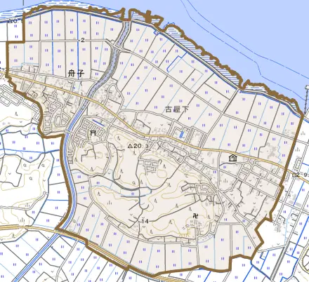 大字舟子とその周辺の地図。町の範囲を重ねている