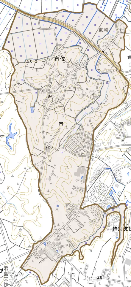 大字布佐とその周辺の地図。町の範囲を重ねている