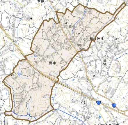 郷中とその周辺の地図。町の範囲を重ねている