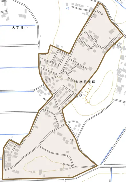 大字花見塚とその周辺の地図。町の範囲を重ねている