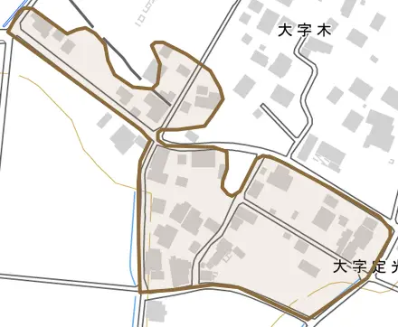 大字定光とその周辺の地図。町の範囲を重ねている