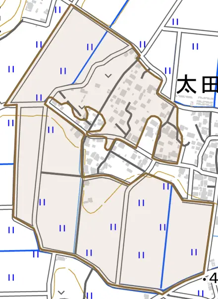 大字木とその周辺の地図。町の範囲を重ねている