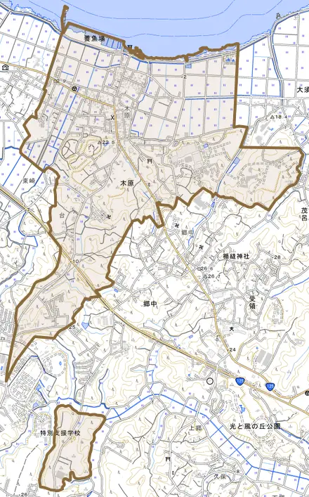 大字木原とその周辺の地図。町の範囲を重ねている