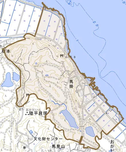 大字馬掛とその周辺の地図。町の範囲を重ねている