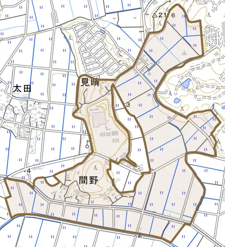 大字間野とその周辺の地図。町の範囲を重ねている