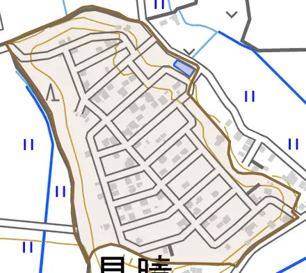大字見晴とその周辺の地図。町の範囲を重ねている