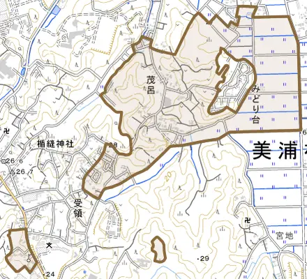 大字茂呂とその周辺の地図。町の範囲を重ねている