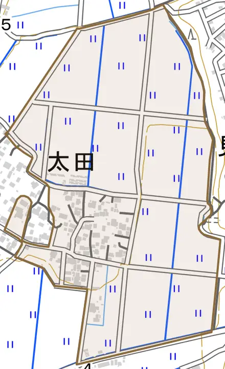 大字本橋とその周辺の地図。町の範囲を重ねている