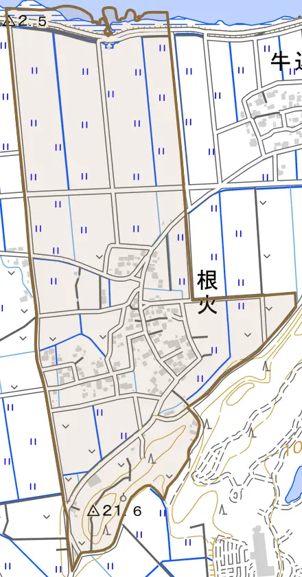 大字根火とその周辺の地図。町の範囲を重ねている