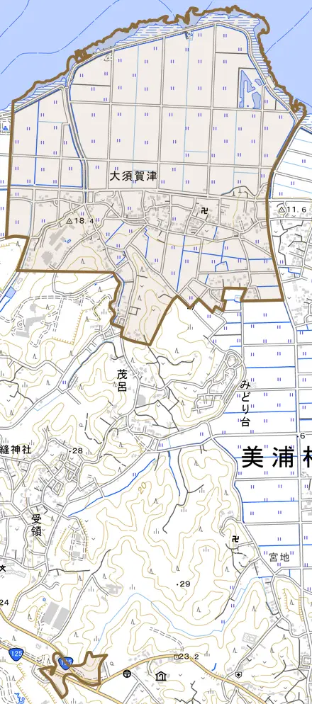 大字大須賀津とその周辺の地図。町の範囲を重ねている