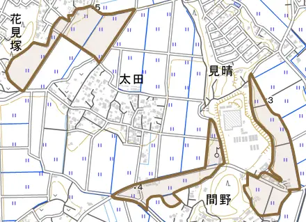 大字太田とその周辺の地図。町の範囲を重ねている