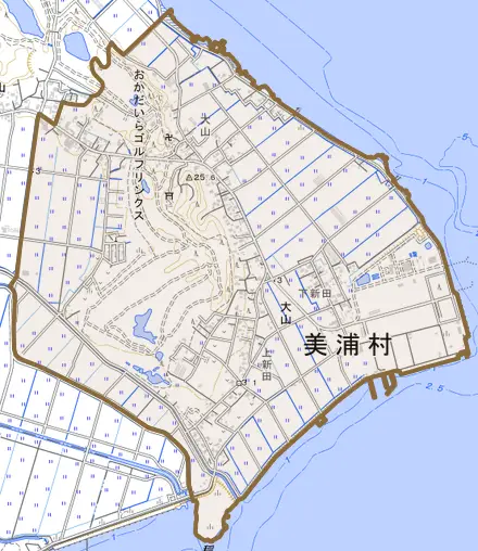 大字大山とその周辺の地図。町の範囲を重ねている