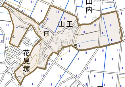 大字山王とその周辺の地図。町の範囲を重ねている