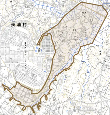 大字信太とその周辺の地図。町の範囲を重ねている