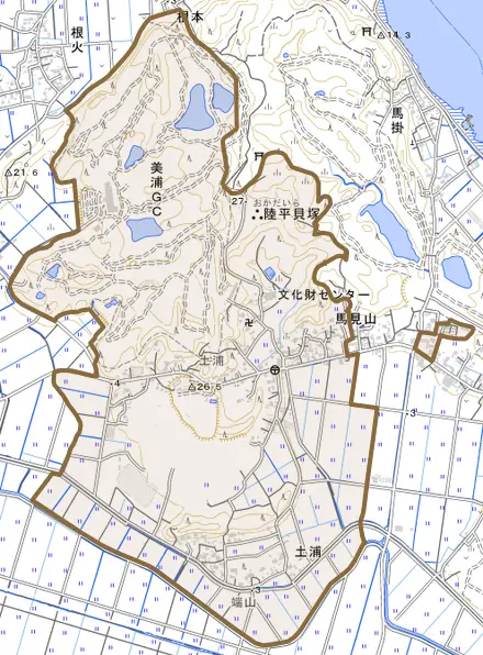 大字土浦とその周辺の地図。町の範囲を重ねている