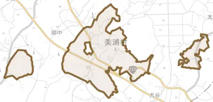 大字受領とその周辺の地図。町の範囲を重ねている