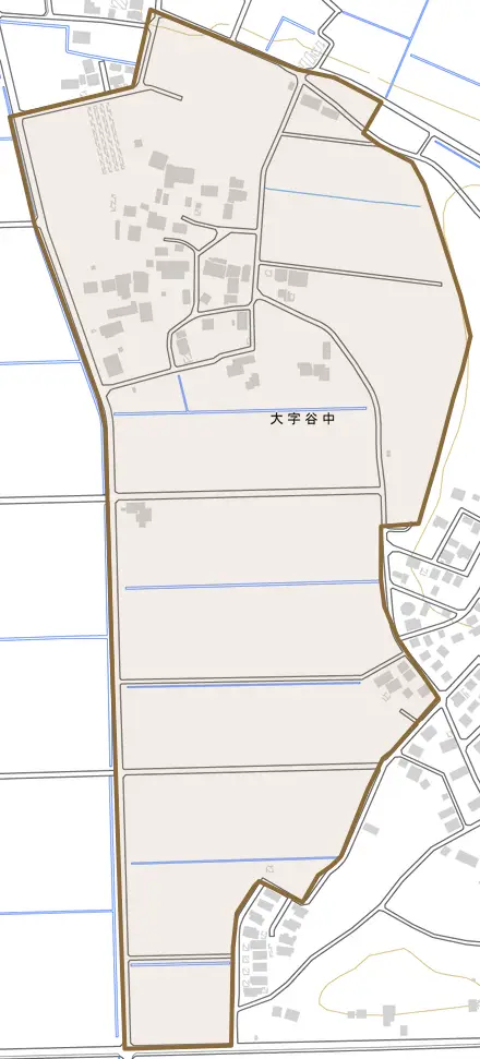大字谷中とその周辺の地図。町の範囲を重ねている