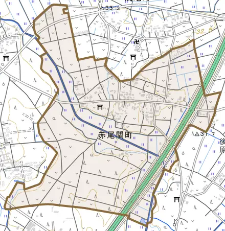 赤尾関町とその周辺の地図。町の範囲を重ねている