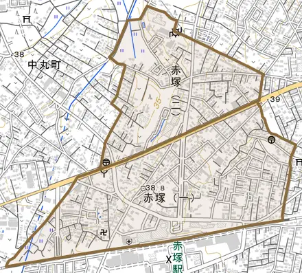 赤塚とその周辺の地図。町の範囲を重ねている
