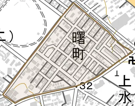 曙町とその周辺の地図。町の範囲を重ねている