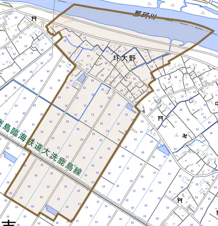 圷大野とその周辺の地図。町の範囲を重ねている