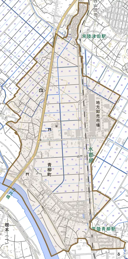 青柳町とその周辺の地図。町の範囲を重ねている