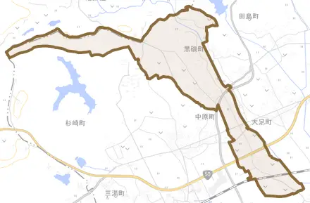 有賀町とその周辺の地図。町の範囲を重ねている
