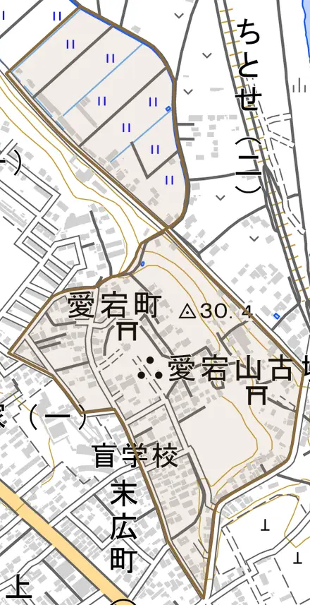 愛宕町とその周辺の地図。町の範囲を重ねている