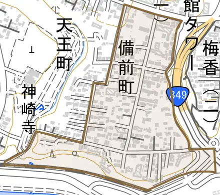 備前町とその周辺の地図。町の範囲を重ねている