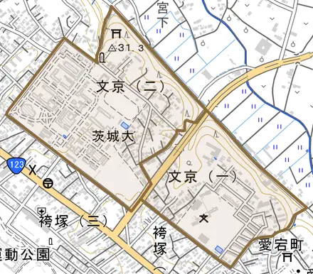 文京とその周辺の地図。町の範囲を重ねている